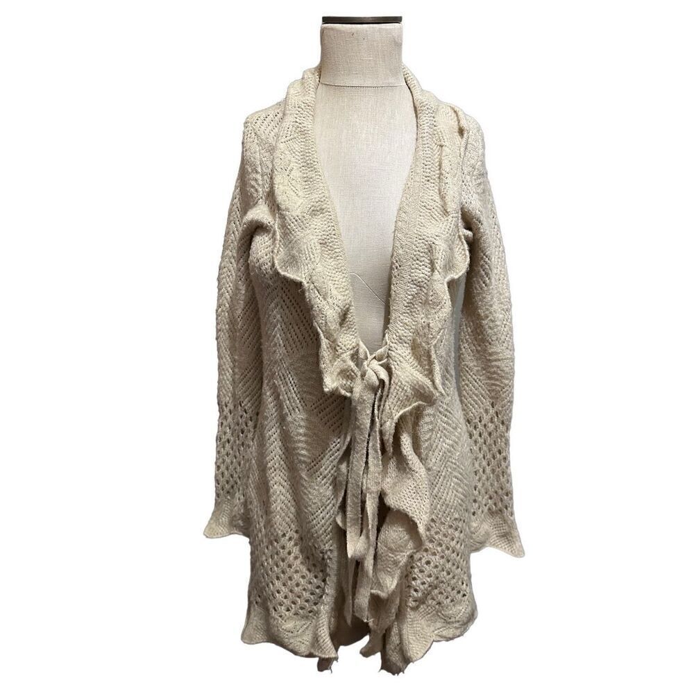 Venus Womens Cream Ruffle Tie Cardigan Sweater Longer Style Crochet Look Size XS